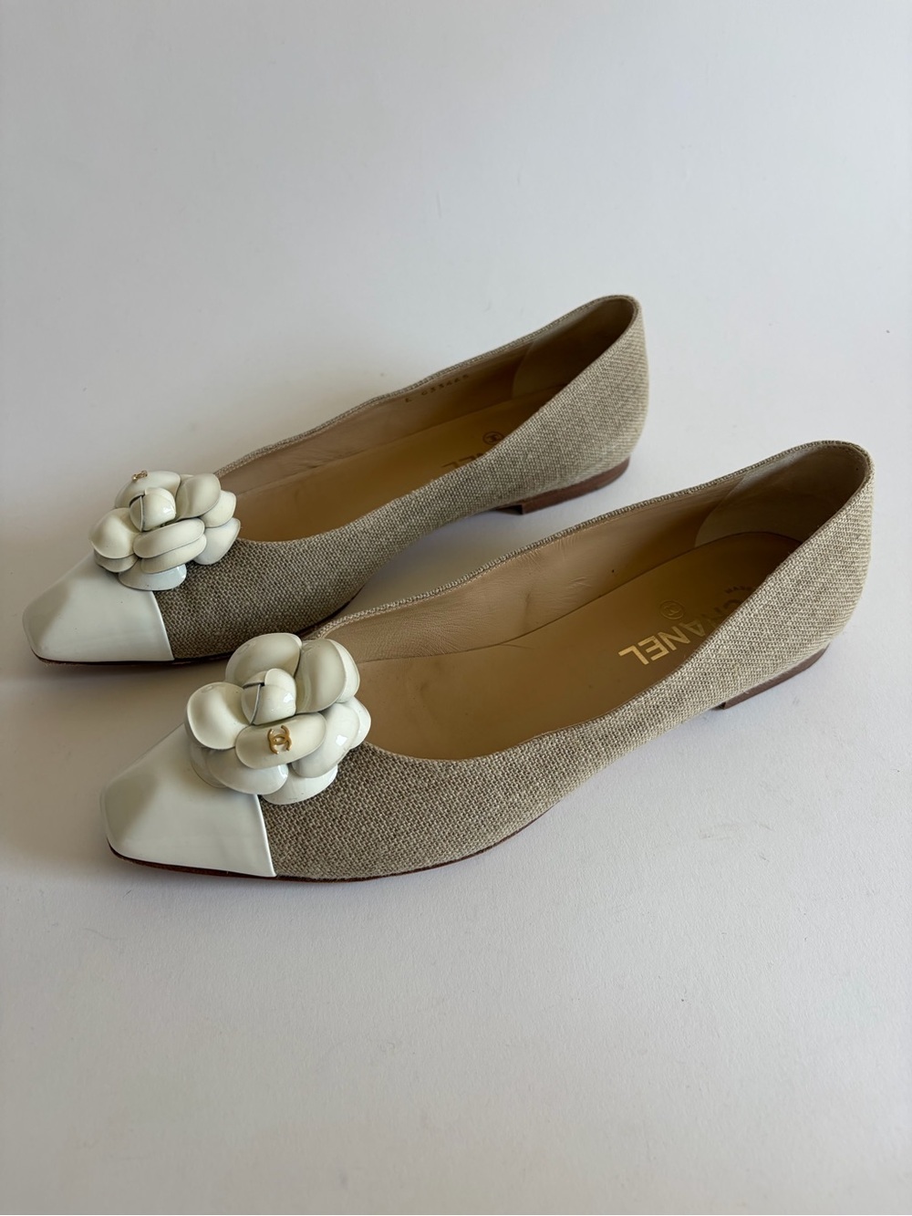 Chanel Tweed Beige and White Camellia Pointed Toe Flats